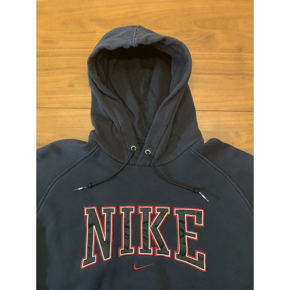 Vintage Nike Spell Out Center Swoosh Hoodie Sweatshirt Mens XL Blue Red 90s Y2K